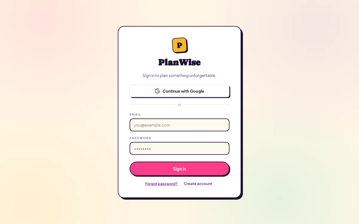 PlanWise sign-in screen