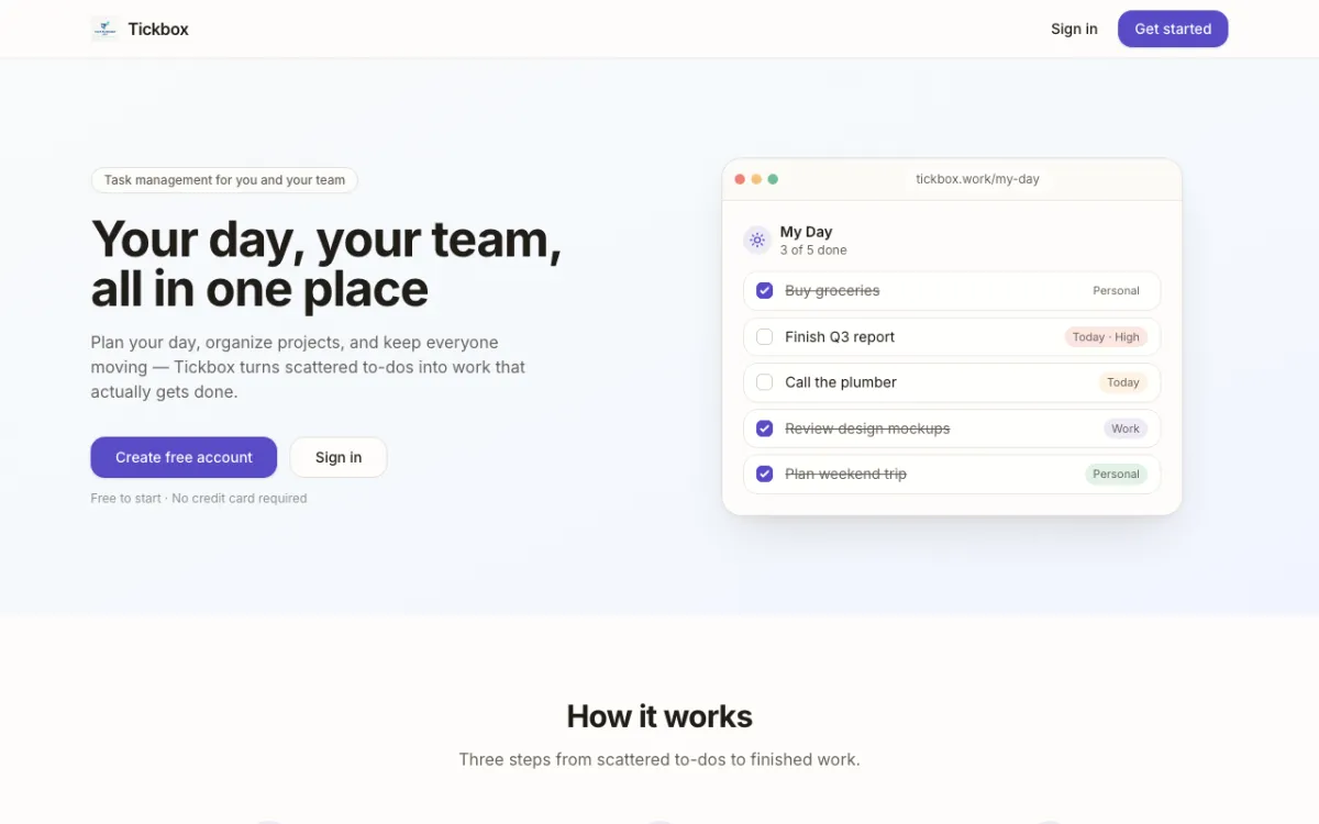 TickBox landing page showing the My Day task list